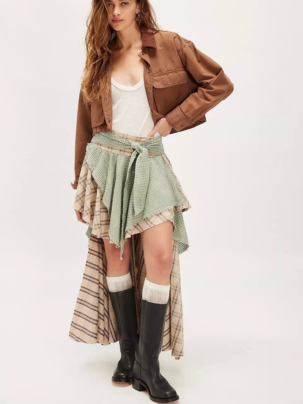 Free People Green and Beige Mixed-Print High-Low Tiered Skirt